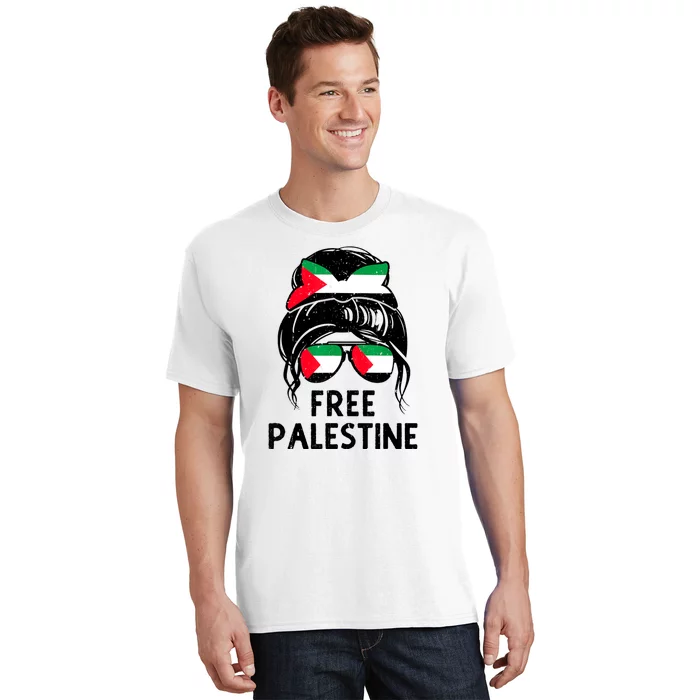 Free Palestine Gaza Palestinian Flag Messy Bun Mom T-Shirt