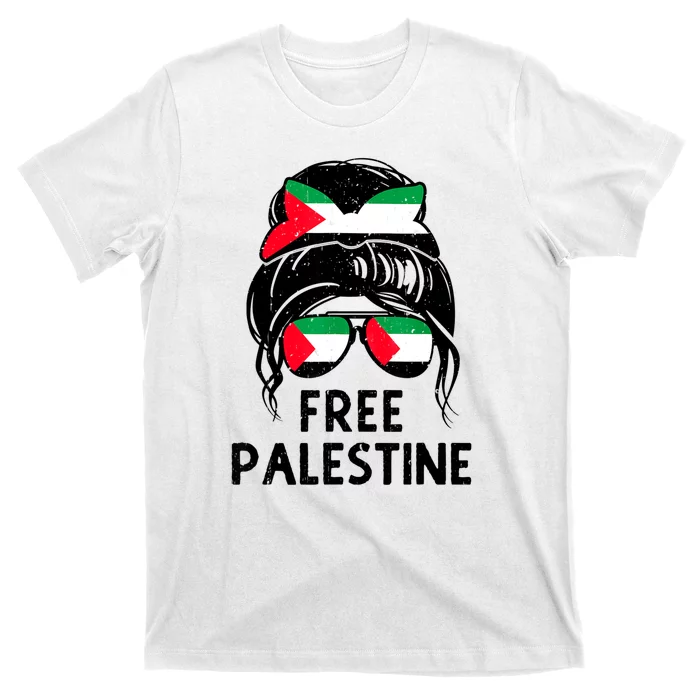 Free Palestine Gaza Palestinian Flag Messy Bun Mom T-Shirt