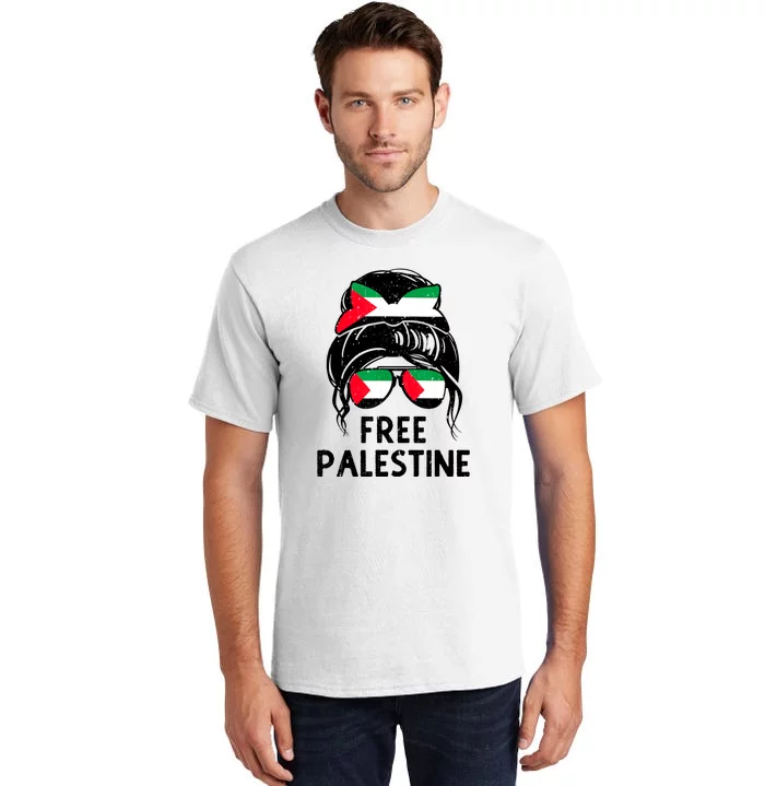 Free Palestine Gaza Palestinian Flag Messy Bun Mom Tall T-Shirt