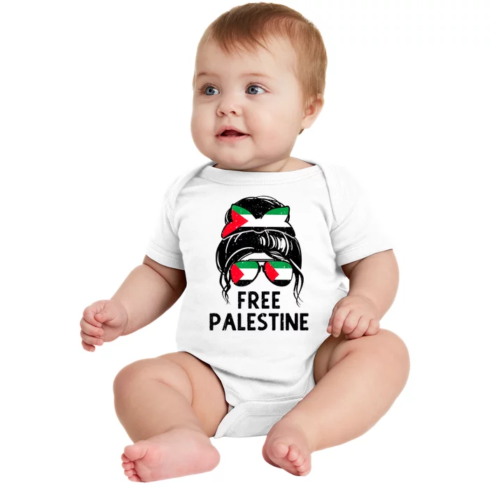 Free Palestine Gaza Palestinian Flag Messy Bun Mom Baby Bodysuit