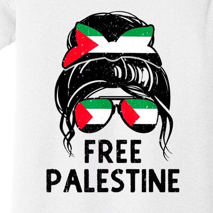 Free Palestine Gaza Palestinian Flag Messy Bun Mom Baby Bodysuit