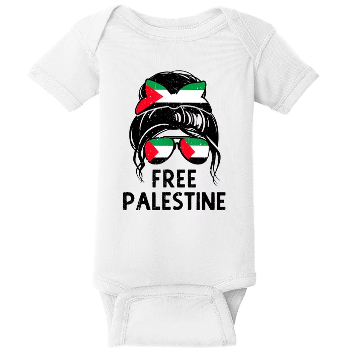 Free Palestine Gaza Palestinian Flag Messy Bun Mom Baby Bodysuit