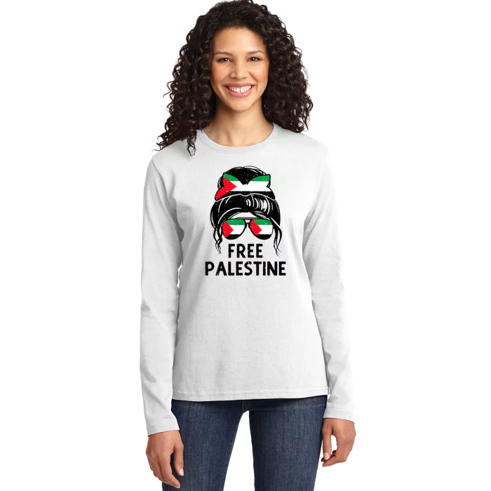 Free Palestine Gaza Palestinian Flag Messy Bun Mom Ladies Long Sleeve Shirt