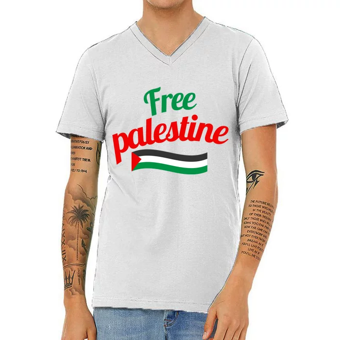 Free Palestine Gaza Flag Arabic Freedom For Palestinians V-Neck T-Shirt