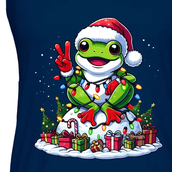 Funny Peace Hand Frog Christmas Lights Womenss Ladies Essential Flowy Tank