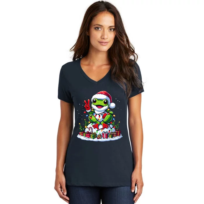 Funny Peace Hand Frog Christmas Lights Womenss Women's V-Neck T-Shirt