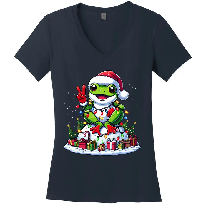 Funny Peace Hand Frog Christmas Lights Womenss Women's V-Neck T-Shirt