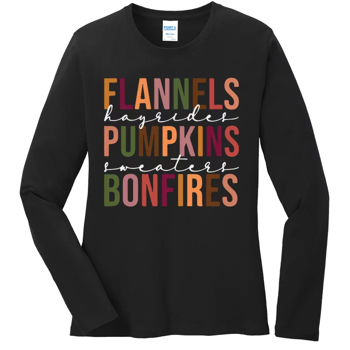 Flannels Pumpkins Hayrides Smores And Bonfires Ladies Long Sleeve Shirt