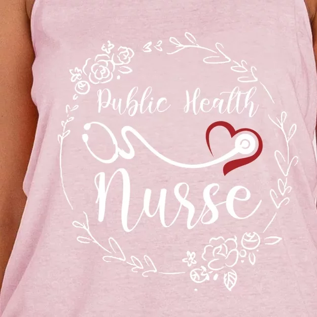 Floral Public Health Nurse Heart Stethoscope Gift Women's Knotted Racerback Tank