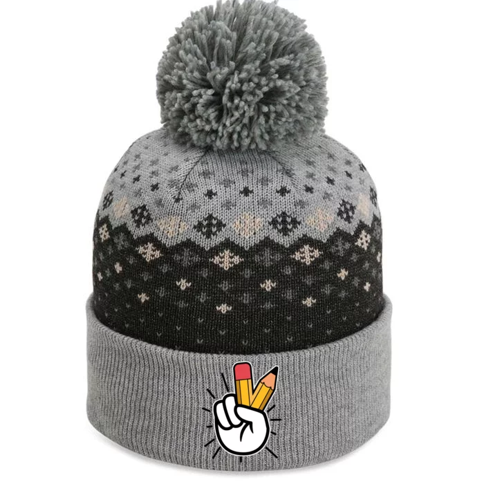 Funny Peace Hand With Pencil Fingers The Baniff Cuffed Pom Beanie