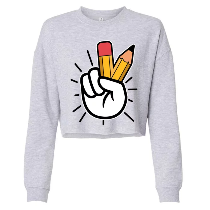 Funny Peace Hand With Pencil Fingers Cropped Pullover Crew