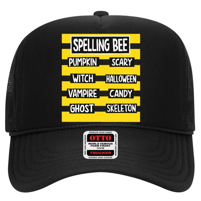 Funny Pun Halloween Costume For Teachers Spelling Bee High Crown Mesh Trucker Hat