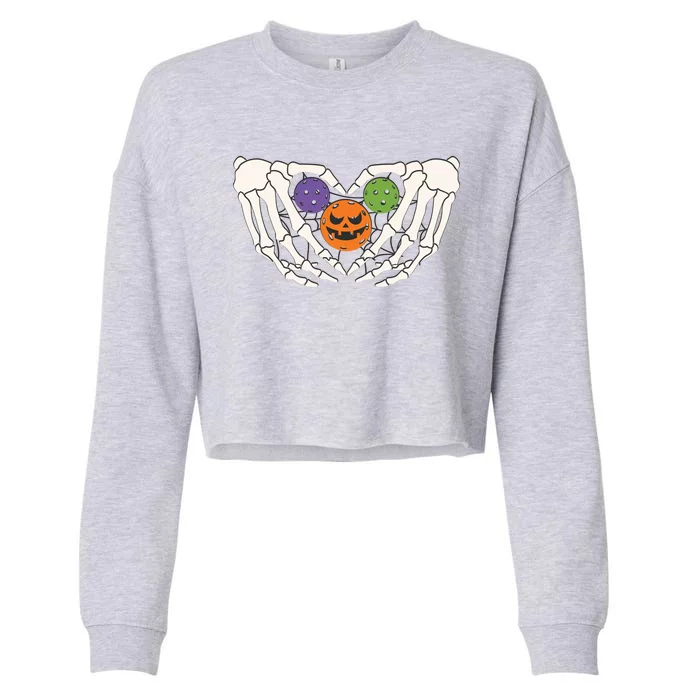 Funny Pickleball Halloween Skeleton Hands Love Heart Pumpkin Funny Gift Cropped Pullover Crew