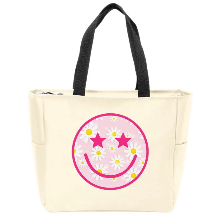 Funny Pink Happy Face Daisy Flower Smile Face Trendy Zip Tote Bag