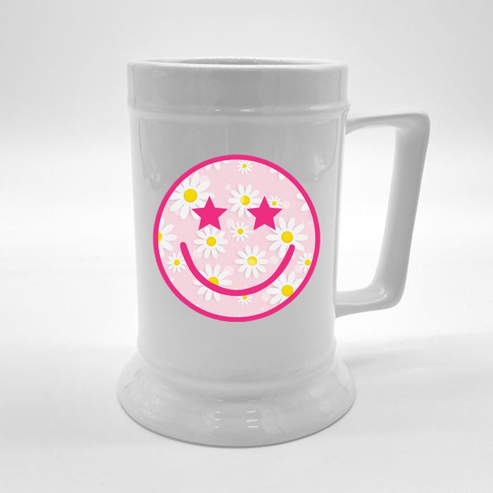 Funny Pink Happy Face Daisy Flower Smile Face Trendy Front & Back Beer Stein