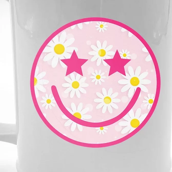 Funny Pink Happy Face Daisy Flower Smile Face Trendy Front & Back Beer Stein