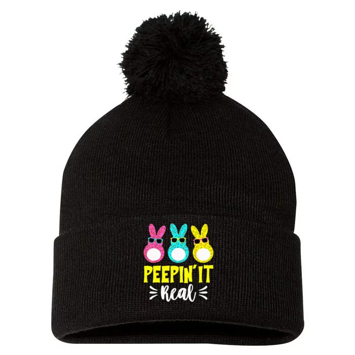 Funny Peepin It Real Happy Easter Bunny Egg Hunt Pom Pom 12in Knit Beanie