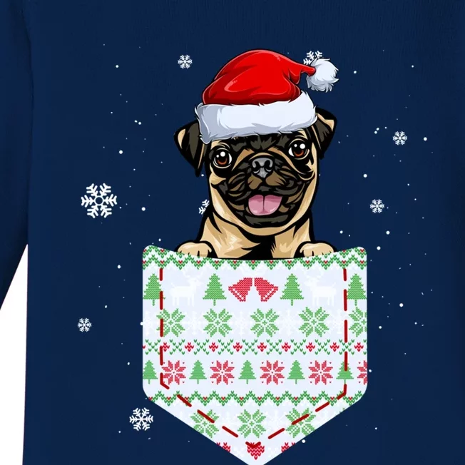 Funny Pug In Your Pocket Santa Hat Ugly Christmas Sweater Gift Baby Long Sleeve Bodysuit