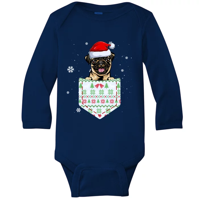 Funny Pug In Your Pocket Santa Hat Ugly Christmas Sweater Gift Baby Long Sleeve Bodysuit