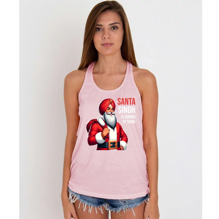 Funny Punjabi Indian Santa Singh Is Coming To Town Gift Women's Knotted Racerback Tank