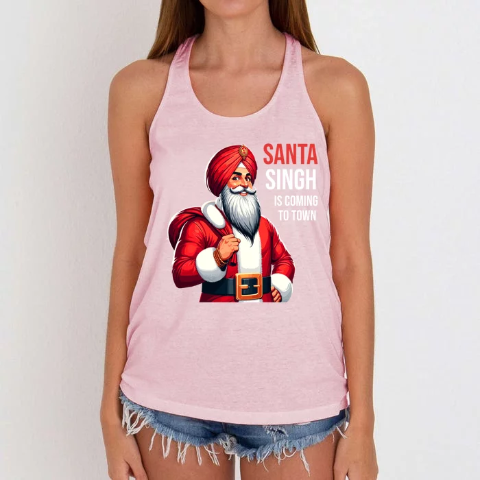 Funny Punjabi Indian Santa Singh Is Coming To Town Gift Women's Knotted Racerback Tank