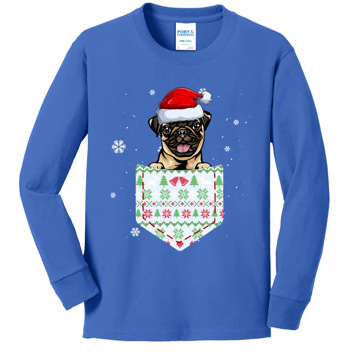 Funny Pug In Your Pocket Santa Hat Ugly Christmas Sweater Gift Kids Long Sleeve Shirt