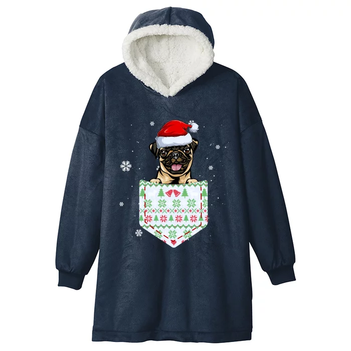 Funny Pug In Your Pocket Santa Hat Ugly Christmas Sweater Gift Hooded Wearable Blanket