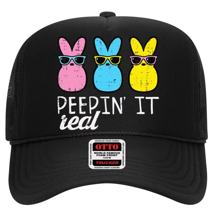 funny Peepin It Real Easter Bunnies Cool High Crown Mesh Trucker Hat