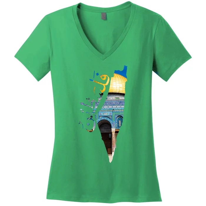 Free Palestine In Arabic Palestinian Map JerusalemS City Women's V-Neck T-Shirt