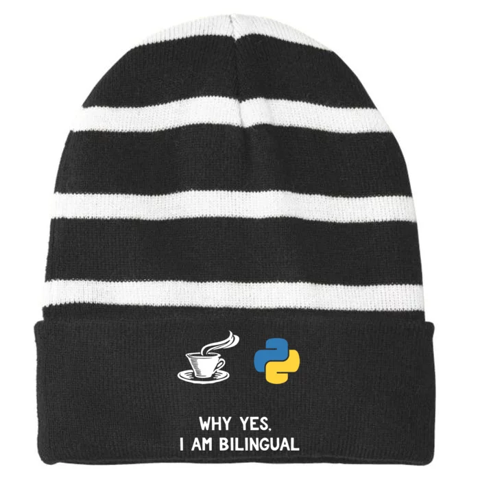 Funny Python Java Programmer Bilingual Coder Gift Tee Striped Beanie with Solid Band