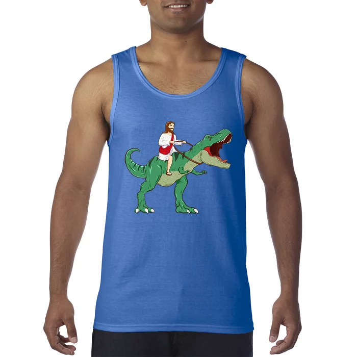 Funny Parody Jesus Riding Dinosaur Meme Dino Lover Believer Tank Top