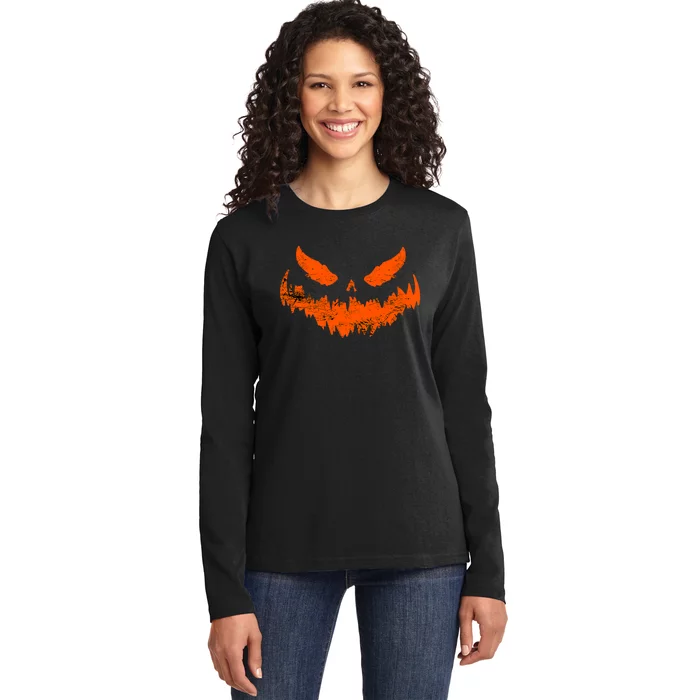 Funny Pumpkin Jack O Lantern Scary Pumpkin Face Halloween Ladies Long Sleeve Shirt