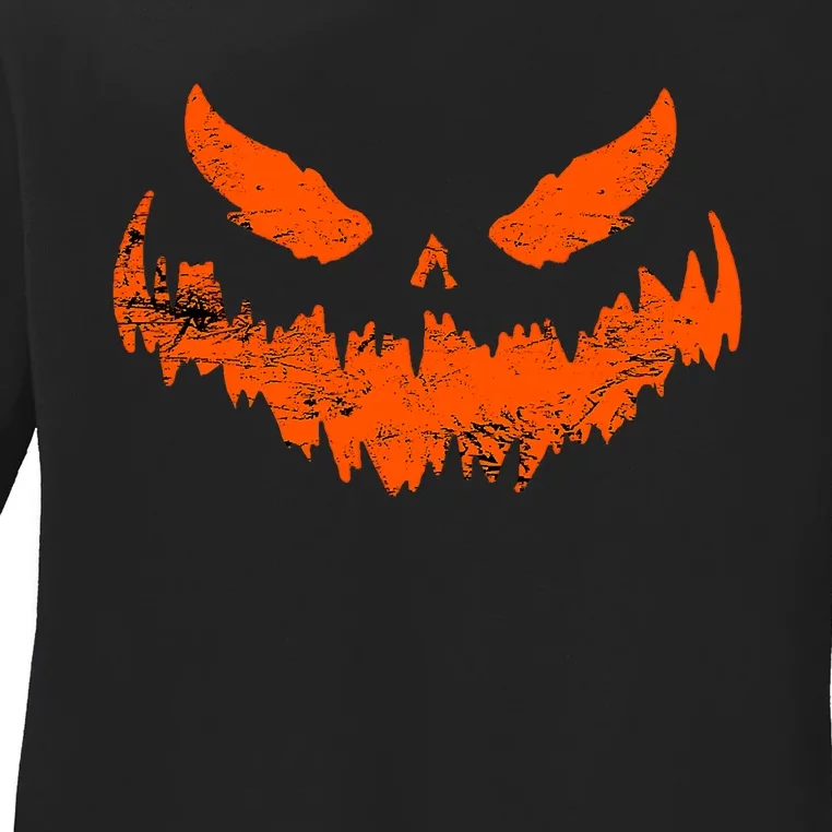 Funny Pumpkin Jack O Lantern Scary Pumpkin Face Halloween Ladies Long Sleeve Shirt