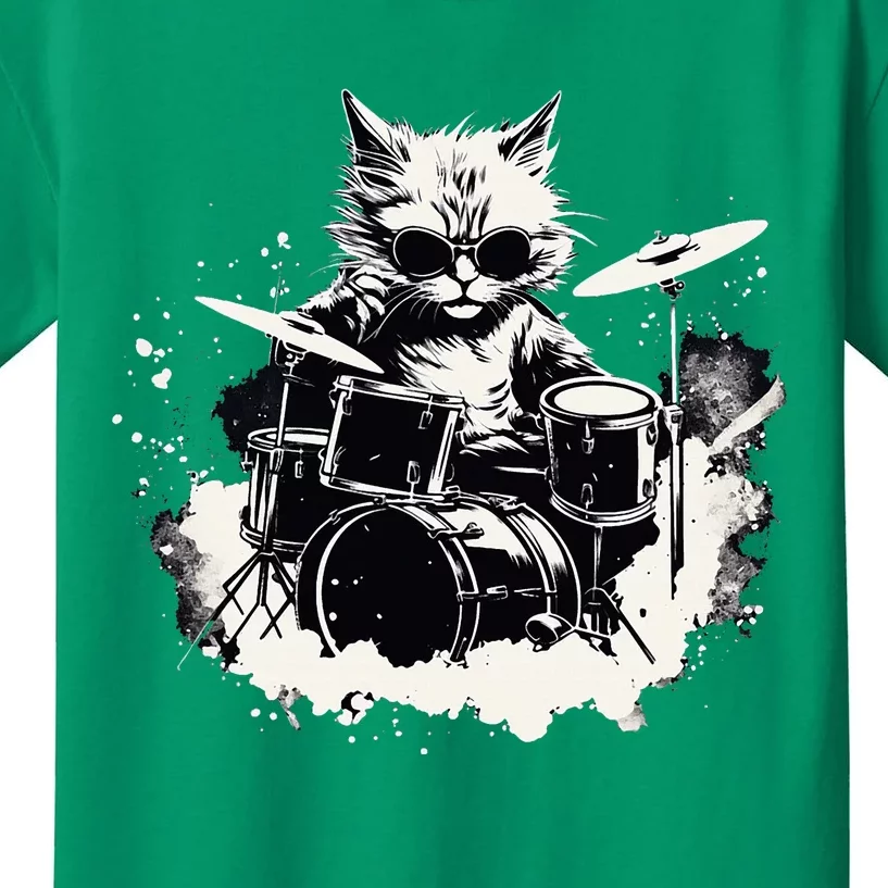 Funny Punk Kitten Kitty Cat Drummer Playing Drums Kids T-Shirt