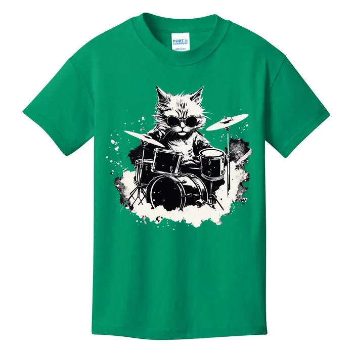 Funny Punk Kitten Kitty Cat Drummer Playing Drums Kids T-Shirt