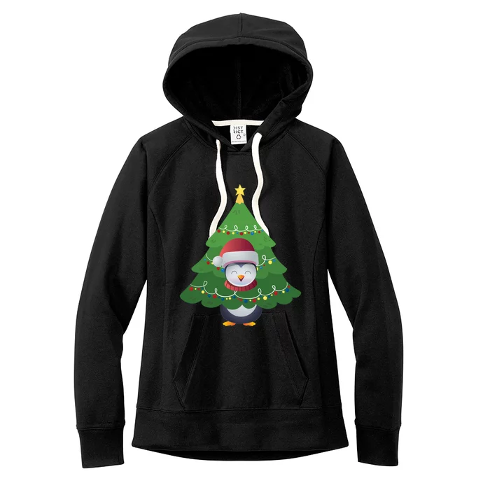 Funny Penguin Lover Gift Santa Hat Penguin Christmas Tree Great Gift Women's Fleece Hoodie