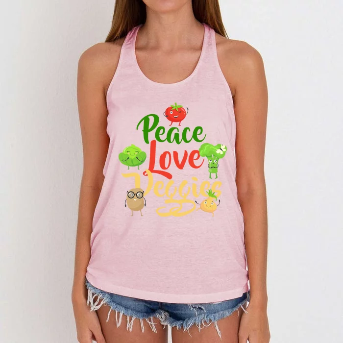 Funny Peace Love Veggies Slogan Vegans Veganism Vegetarians Gift Women's Knotted Racerback Tank