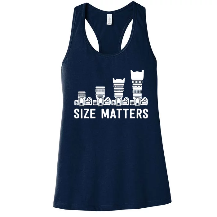 Funny Photography Lens Size Matters Women's Racerback Tank