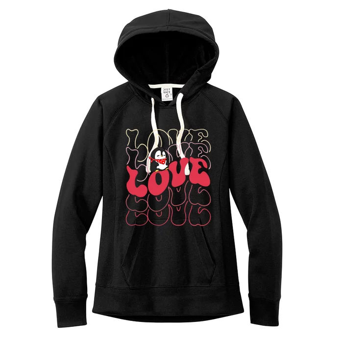 Funny Penguin Love Groovy Style Heart Valentines Day Love Gift Women's Fleece Hoodie