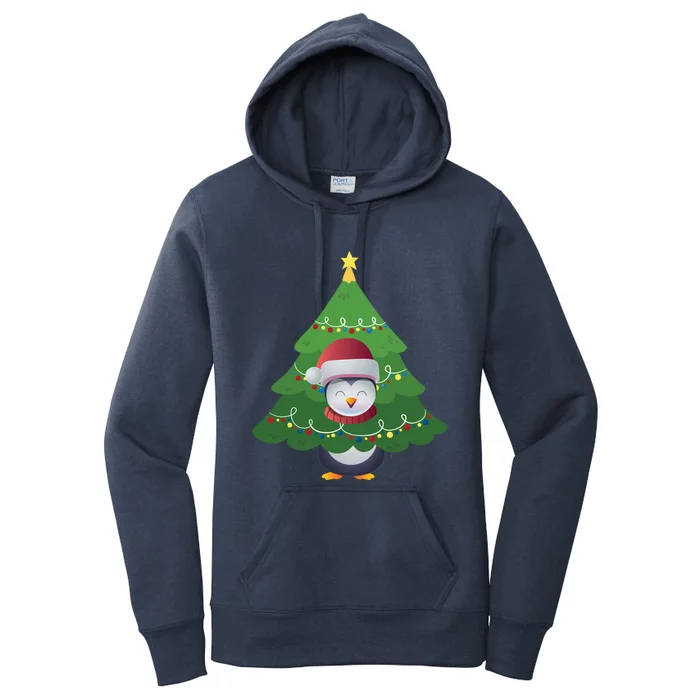 Funny Penguin Lover Gift Santa Hat Penguin Christmas Tree Funny Gift Women's Pullover Hoodie