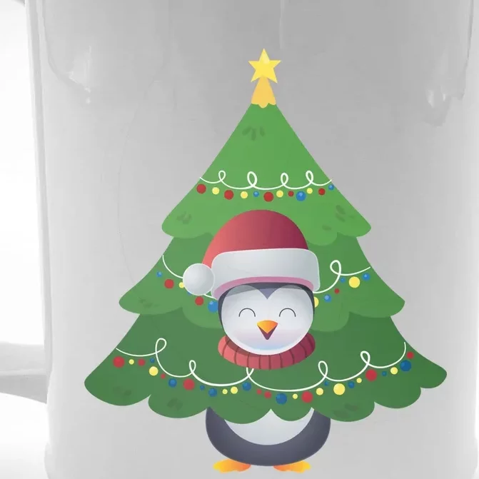 Funny Penguin Lover Gift Santa Hat Penguin Christmas Tree Funny Gift Front & Back Beer Stein