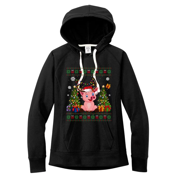 Funny Pig Lovers Cute Pig Santa Hat Ugly Christmas Sweater Great Gift Women's Fleece Hoodie