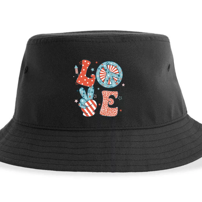 Funny Peace Love America Us Flag Retro Groovy 4th Of July Sustainable Bucket Hat