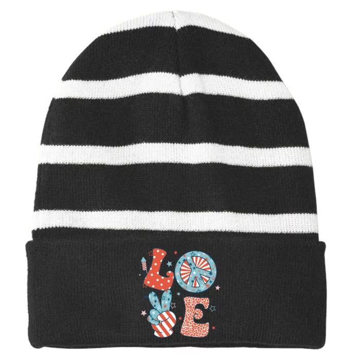 Funny Peace Love America Us Flag Retro Groovy 4th Of July Striped Beanie with Solid Band