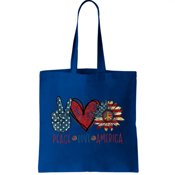 Funny Peace Love America Sunflower Hippie 4th Of July Gift Tote Bag