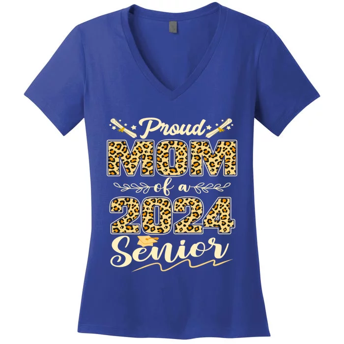 Funny Proud Mom Of A 2024 Senior Leopard Graduation 2024 Gift Women's V-Neck T-Shirt