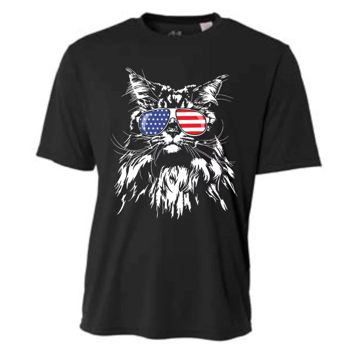 Funny Proud Maine Coon American Flag Cat Cooling Performance Crew T-Shirt