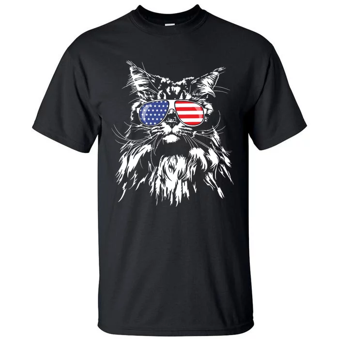 Funny Proud Maine Coon American Flag Cat Tall T-Shirt