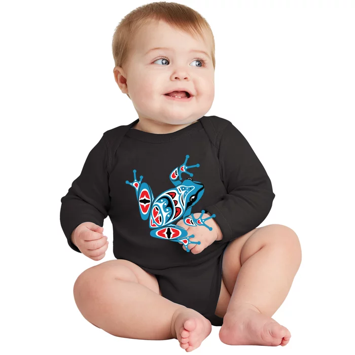 Frog Pacific Northwest Native American Indian Style Blue Red Baby Long Sleeve Bodysuit