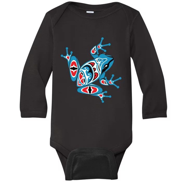 Frog Pacific Northwest Native American Indian Style Blue Red Baby Long Sleeve Bodysuit